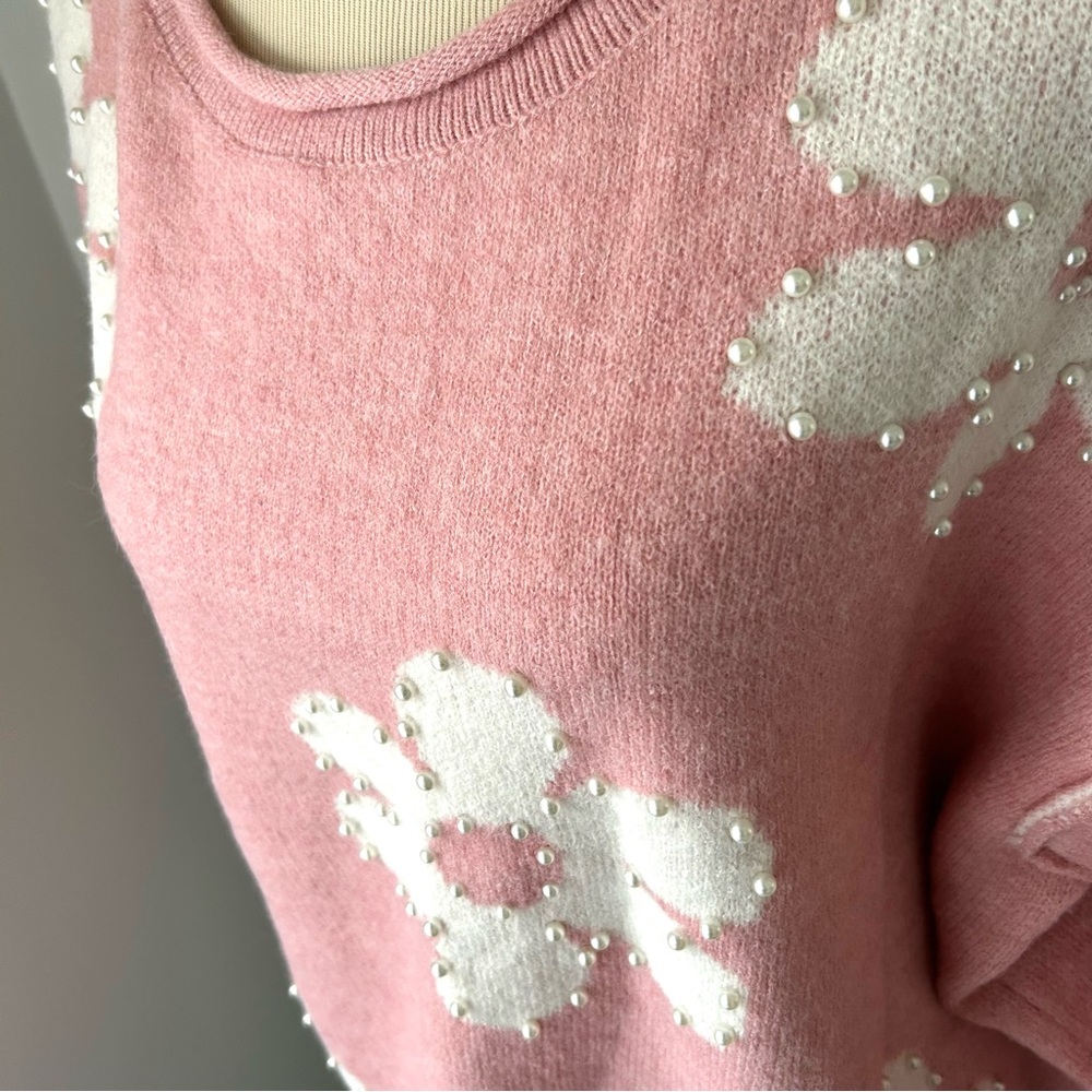 🍂Pearl Beaded Pink Spring Daisy Drop Shoulder Sweater - Picture 4 of 7